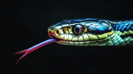 Close-Up of Snake Head with Tongue Flicking in Dark Environment
