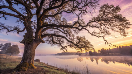 Obraz premium Majestic tree by serene lake at sunrise, reflecting nature beauty