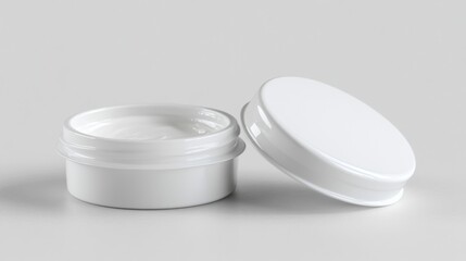 Open white cosmetic jar with cream on light gray background