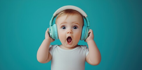 Surprised baby wearing headphones enjoys music against a teal background with copy space for a fun banner