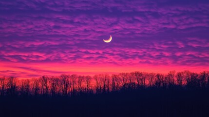 Serene twilight sky with crescent moon over silhouetted trees, creating a tranquil atmosphere