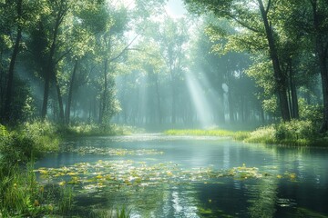 Hyper-realistic lush green landscape with trees, grass, and a pond in the foreground, illuminated by volumetric lighting and god rays through the leaves.