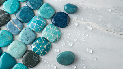 Smooth turquoise stones with water droplets on marble surface