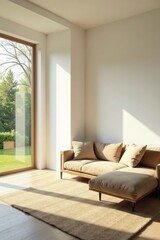 Sunlit minimalist living room, large window, bare walls, calm, room, home