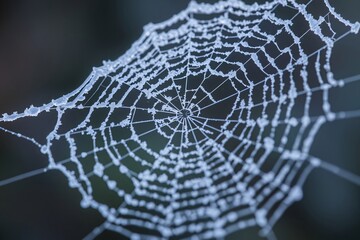 Close-up of a spider web covered in frost with delicate patterns, highlighting the beauty of nature's intricate design, illuminated softly by the ambient light in a tranquil outdoor setting.