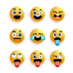 Fototapeta premium Realistic set of emoticons, emojis with different facial expressions and shadow on white background