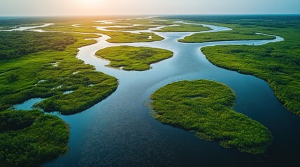 Aerial View of a Serene River Meandering Through Lush Green Marshlands