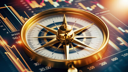 Naklejka premium Golden compass on digital graphs representing strategic direction in markets
