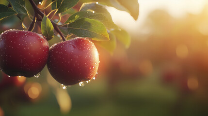 Close up of red apples on a tree branch in an orchard with warm sunset lighting and water droplets against a green background