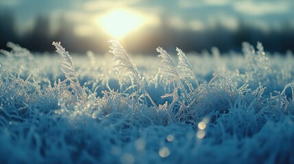Frost-covered grass glistens under the morning sun in a tranquil winter landscape