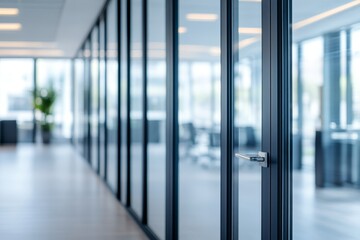 Modern office hallway with glass partitions, showing open office space