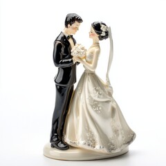  A porcelain figurine of a bride and groom holding hands in a wedding pose, on isolated white background