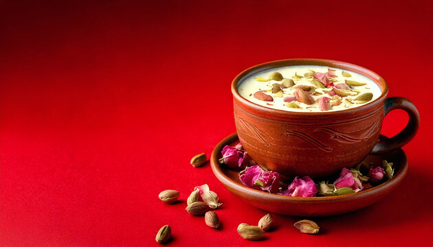 Artistic close up of thandai in elegant clay cup garnished with rose petals and pistachios, set against vibrant red background, creating warm and inviting atmosphere