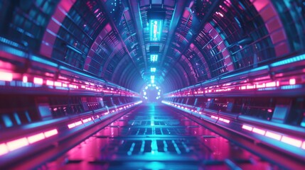 Obraz premium 3D render of a futuristic tunnel with vibrant neon lights, creating a mesmerizing pathway of colors