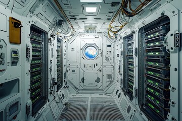Fototapeta premium Space station's server room equipped with zero-gravity accessible racks.