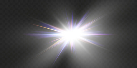 Bright glowing starburst with sparkles, radiant beams, and light flares on transparent background for overlays and design.