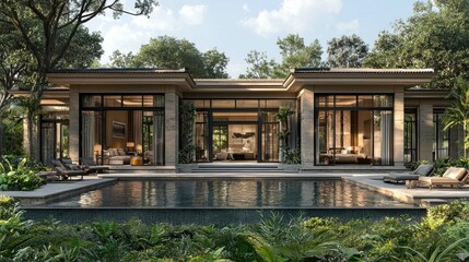 Fototapeta premium Luxury Villa with Infinity Pool: Modern Architectural Design, Serene Landscape, and Luxurious Interior