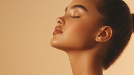 Flawless skin and serene expression of spa model in soft lighting, showcasing beauty and tranquility. warm tones enhance overall aesthetic appeal
