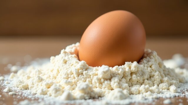 egg in flour. Ingredients for homemade pasta cooking. Preparing dough for baking