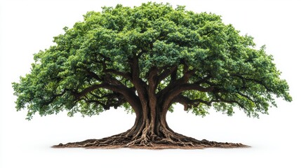 Majestic Green Tree with Wide Canopy and Exposed Roots on White Background