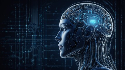 An abstract illustration of artificial intelligence where a sleek AI text logo is gently supported by a cybernetic hand embedded in a luminous digital brain, surrounded by cascading lines of code and 