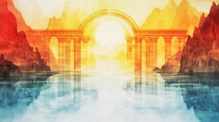 Watercolor scenery showing a monumental arch with columns overlooking a calm lake surrounded by mountains in colorful hues