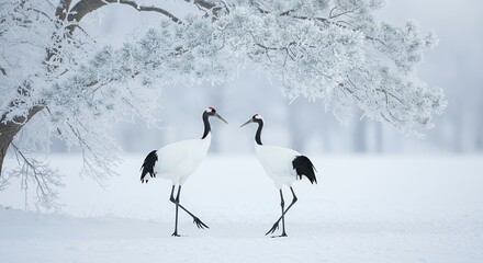 Fototapeta premium Red Crowned Cranes in a Serene Winter Landscape