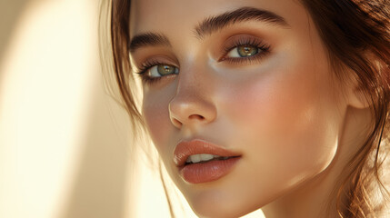 Naklejka premium close up portrait of radiant model showcasing hydrated skin and youthful features, with soft lighting enhancing her natural beauty and captivating expression
