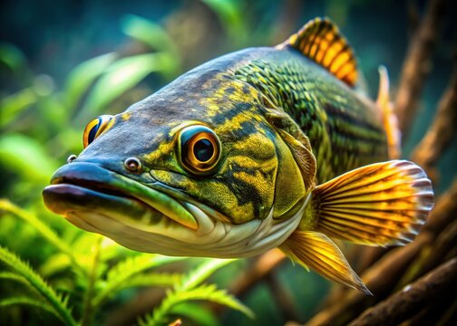 Close-up Portrait of Polypterus Fish Swimming in Aquarium - Aquatic Life Stock Photo