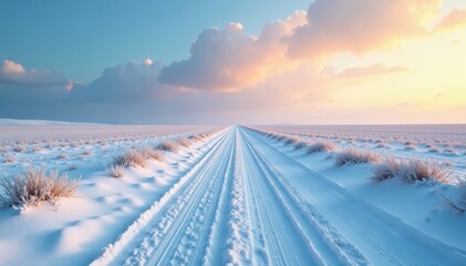 A deserted, snow-laden road cuts through a snowy field , straight road, nature, blizzard