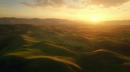 Obraz premium Serene landscape at sunset, sweeping hills bathed in golden light, tranquil scene perfect for nature themes and relaxation.