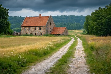Rustic farmhouse, country road, stormy sky, rural landscape