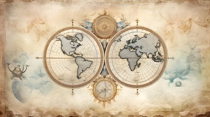 Detailed antique style world map with ornate compass roses and intricate aged paper texture evoking a sense of history adventure and