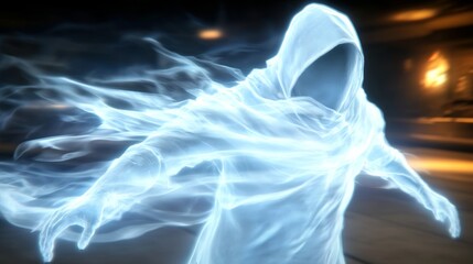 Fototapeta premium An ethereal figure cloaked in glowing energy glides through a hazy space evoking mystery and otherworldly presence with hooded form