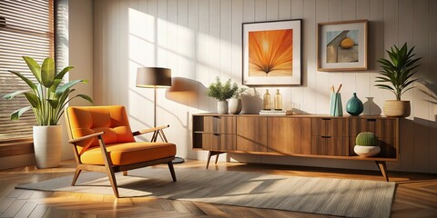 Mid-Century Modern Living Room: Orange Chair, Sunlight Shadows, Abstract Art