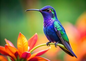 Fototapeta premium Minimalist Hummingbird Violet Sabrewing on Tropical Flower