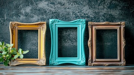 Fototapeta premium Three Empty Vintage Picture Frames on Dark Background. Elegant Home Decor, Classic Style, Antique Frames for Artwork, Photos, and Memories.
