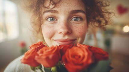 Woman happily receives a bouquet of red roses in a bright and warm indoor setting during a joyful moment of affection