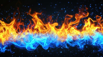 Fototapeta premium Dynamic flames and blue fire abstract art digital design dark background close-up energy concept