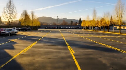 Serene and Tranquil Empty Parking Lot at Golden Sunrise with Long Shadows  Minimalist landscape with geometric patterns abstract textures and a peaceful calming atmosphere
