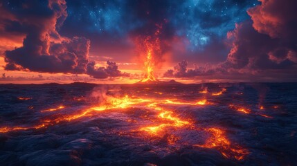 Volcanic Eruption at Sunset: A fiery spectacle of nature's raw power, showcasing a breathtaking eruption against a vibrant sunset sky.