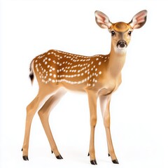 Naklejka premium Graceful deer with delicate brown spots stands isolated against a white background, evoking a sense of tranquility and natural beauty