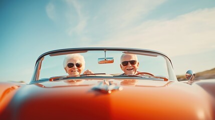 Happy elderly couple enjoying a drive in a classic convertible under a clear blue sky