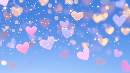 Fototapeta premium Colorful Heart Balloons with Sparkles Floating Against a Bright Blue Background