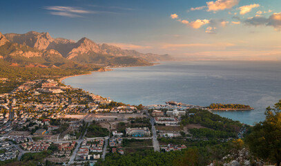 Naklejka premium Morning hilltop view of Kemer holiday resort. Turkey's Mediterranean coast. Antalya city, Turkey country 