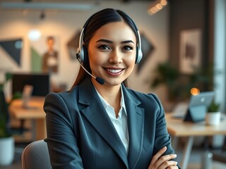 asistencia al cliente o agente de ventas femenino. Operador telefónico de llamada o recepcionista