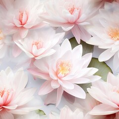 Obraz premium A seamless watercolor pattern featuring delicate water lilies in soft pink and white, floating petals with a tranquil ambiance --tile --stylize 250 --v 5.2 Job ID: e8e682df-7b65-48bf-8590-48f36fa269de