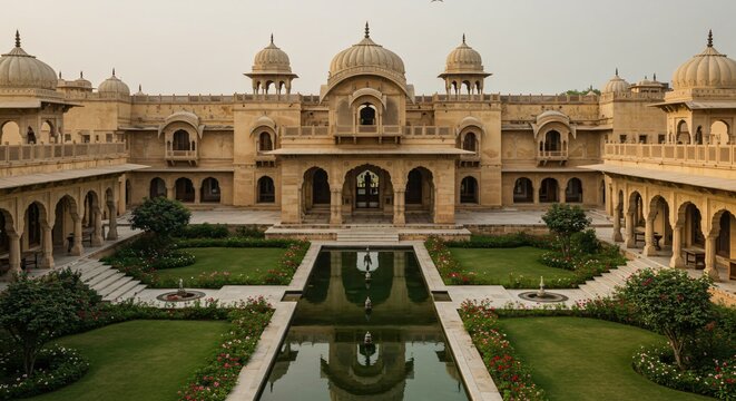 A majestic heritage courtyard with domed architecture, intricate arches, manicured gardens, and a central reflective pool surrounded by vibrant flowers. - Powered by Adobe