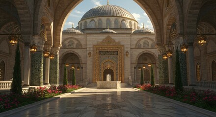 Fototapeta premium A grand mosque courtyard with intricate arches, decorative pillars, a central fountain, lush gardens, golden accents, and a magnificent domed structure under a clear sky.