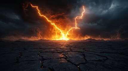 Obraz premium Large lightning explosion over a cracked rocky landscape in an apocalyptic environment with dramatic skies